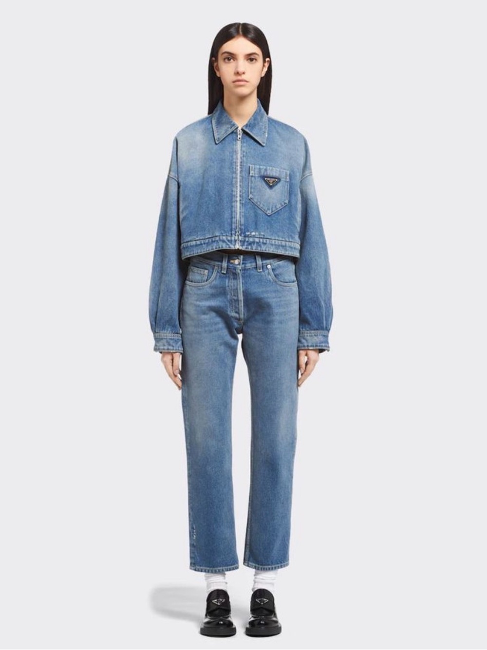 Prada Blue Cropped Denim Jacket with Logo Pocket